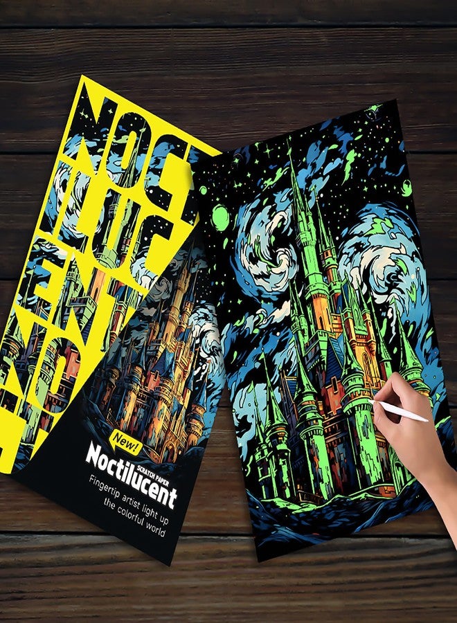 AP ARTSPER 2 Pack Night Glow Scratch Art Rainbow Painting Paper, Magic Glow-in-the-Dark Scraping, Van Gogh Style Creative Craft Set, Fun DIY Toy Sketch Card Scratchboard for Kids, Adults (Amusement Park/Castle) - Image 3
